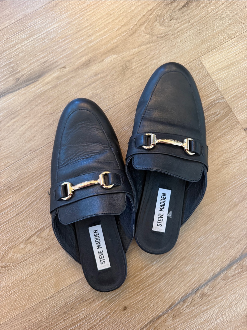 Steve Madden Black Leather Backless Mules with Gold Hardware